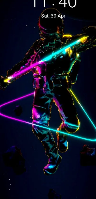 Neon astronaut glowing in vibrant colors on a dark space-themed background.