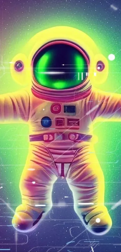 Neon green astronaut floating in space.