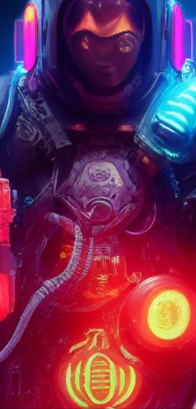 Vivid neon astronaut with futuristic gear glowing in sci-fi digital art design.