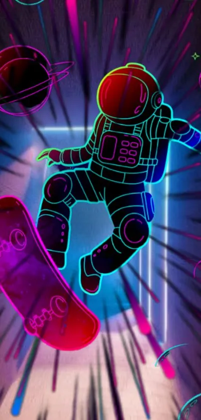 Neon astronaut skateboarding in space art.