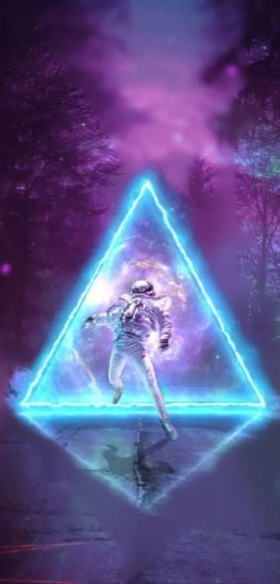 Astronaut in neon triangle in a purple forest.