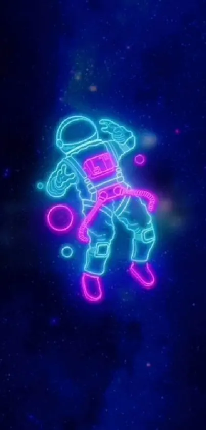 Vibrant neon astronaut floating in deep space with blue and pink hues.