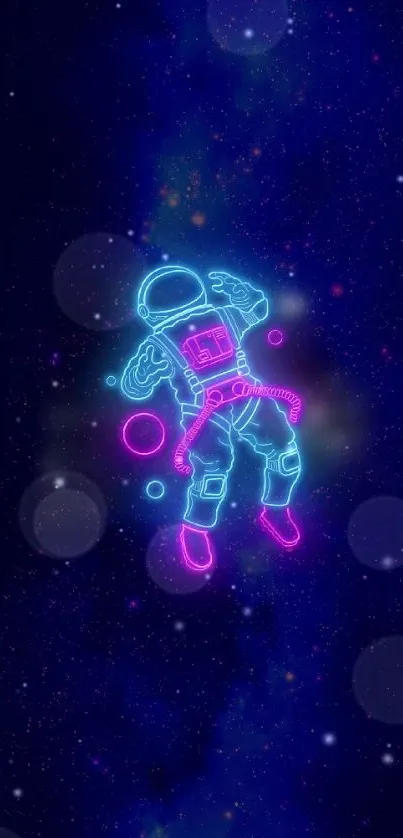 Neon astronaut floating in space wallpaper.