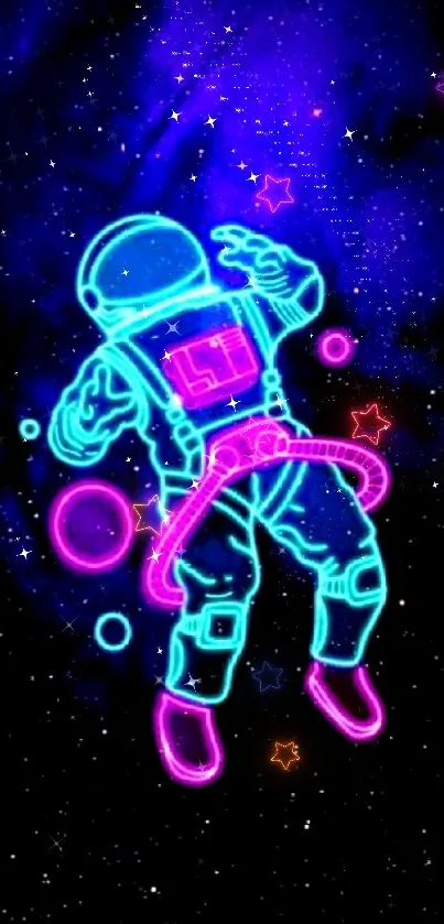 Neon astronaut floating in a cosmic purple galaxy background.