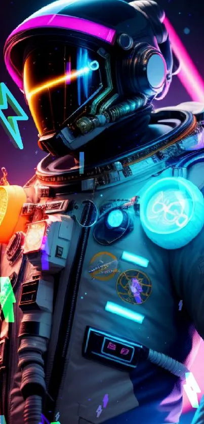 Futuristic neon astronaut in space suit with vibrant colors and digital elements.