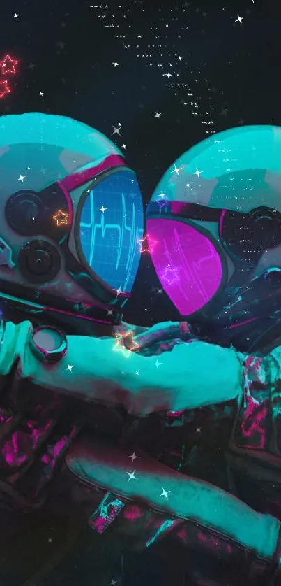 Two astronauts embrace with neon helmets in a starry cosmic setting.