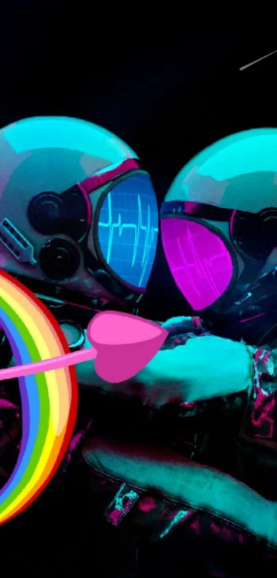 Two neon astronauts embrace under a rainbow heart.