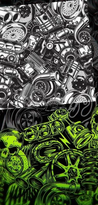 Neon green skulls and automotive parts wallpaper design.