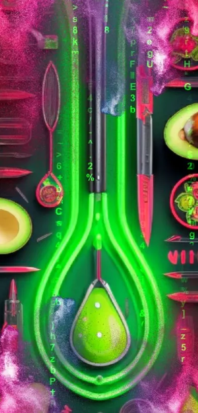 Neon green and red avocado-themed artistic wallpaper.