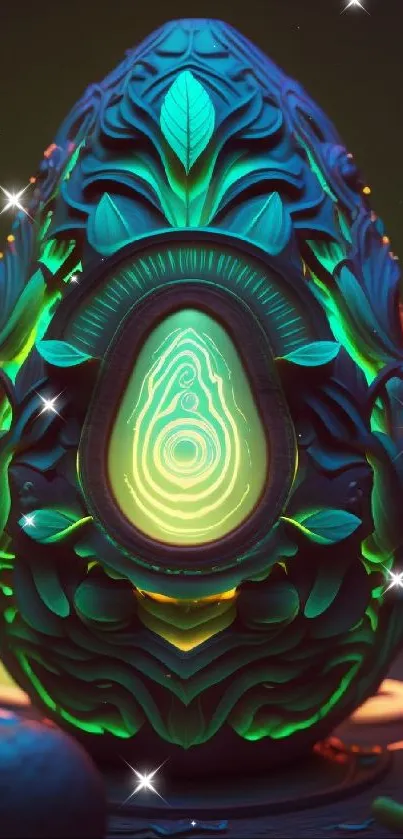 Neon art avocado with intricate design glowing green against a dark background.