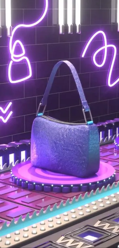 Neon-themed mobile wallpaper with a futuristic handbag display.