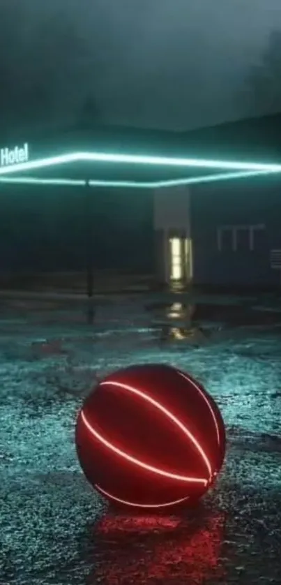 Neon ball on rain-soaked street with hotel sign.