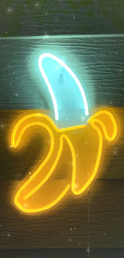 Neon banana glowing brightly on wall.