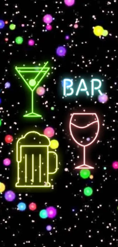 Colorful neon bar-themed wallpaper with drinks and lights.