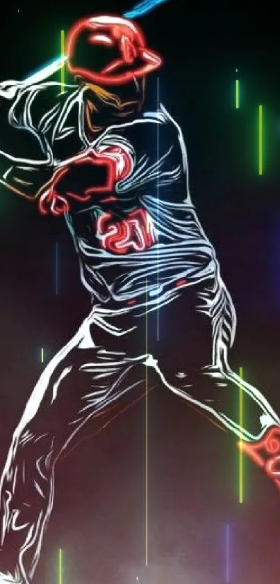 Neon-outlined baseball player in action against a dark background.