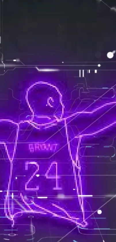 Purple neon outline of basketball player with arms raised on dark background.