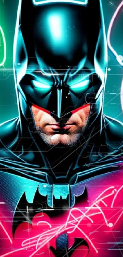 Batman with neon lights in vibrant wallpaper design.