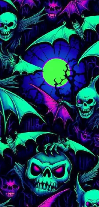 Gothic wallpaper with neon bats and skulls under a glowing moon.