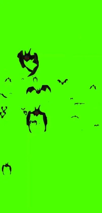 Neon green wallpaper with flying black bats.