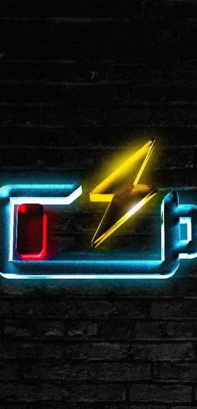 Neon battery with a lightning bolt on a dark brick background.