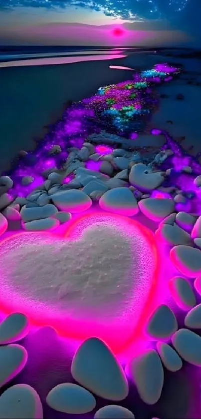 Mobile phone wallpaper with a neon heart on a serene beach setting.