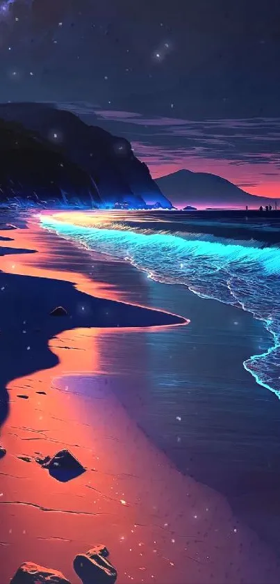 A vibrant neon-lit beach at night with glowing waves.