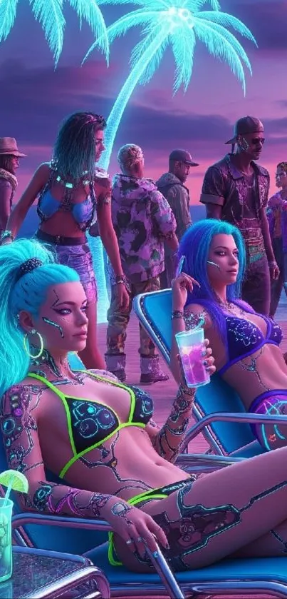 Futuristic neon beach party with vibrant colors.