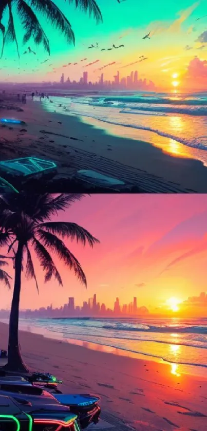 Neon beach sunset with palm trees and a city skyline in vibrant colors.