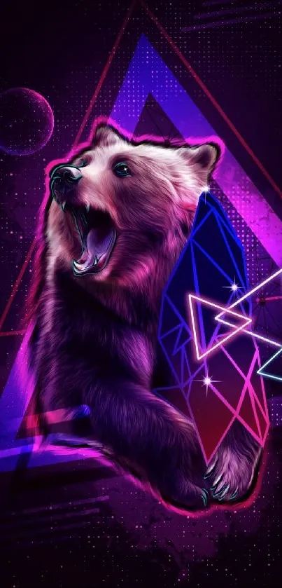 Neon bear with geometric shapes in abstract art style.