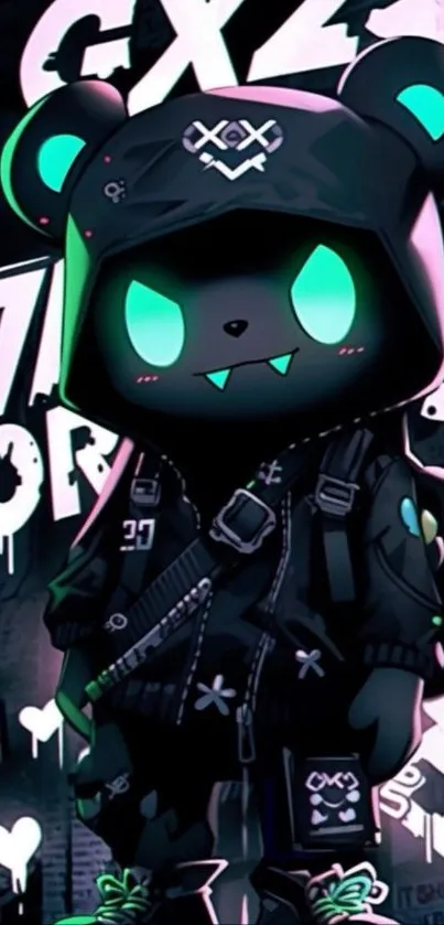 Neon-eyed bear in dark streetwear art.