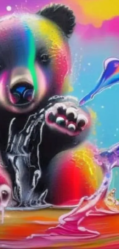 Colorful neon bear with splashes in vivid abstract design.