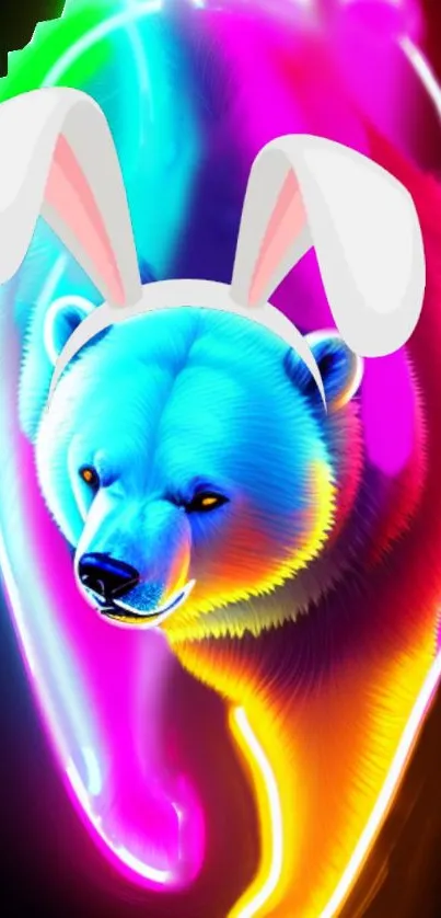 Neon bear with bunny ears on a colorful, glowing background.