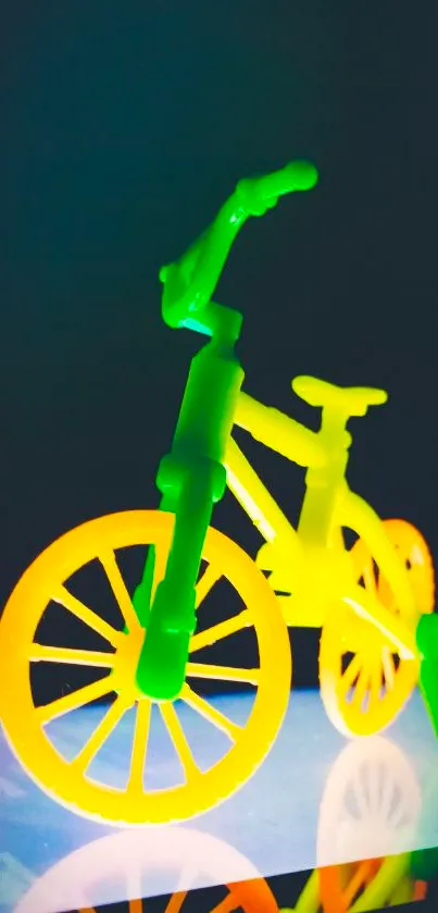 Neon yellow and green bicycle glowing in the dark on a smartphone wallpaper.