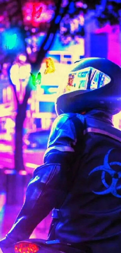 Futuristic biker in vibrant neon cityscape.