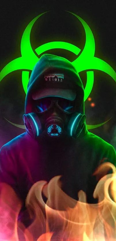 Hooded figure with neon biohazard background.