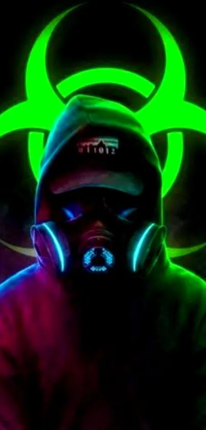 Bright neon wallpaper of hooded figure with gas mask on a biohazard backdrop.