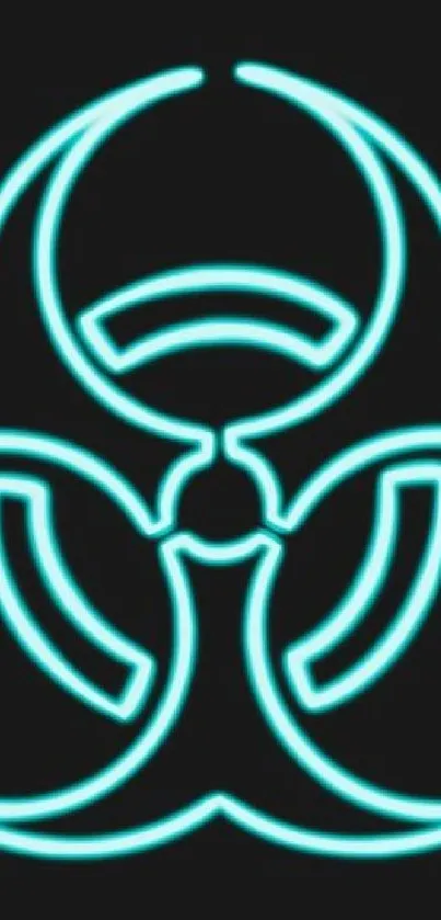 Neon cyan biohazard symbol on black background for mobile wallpaper.