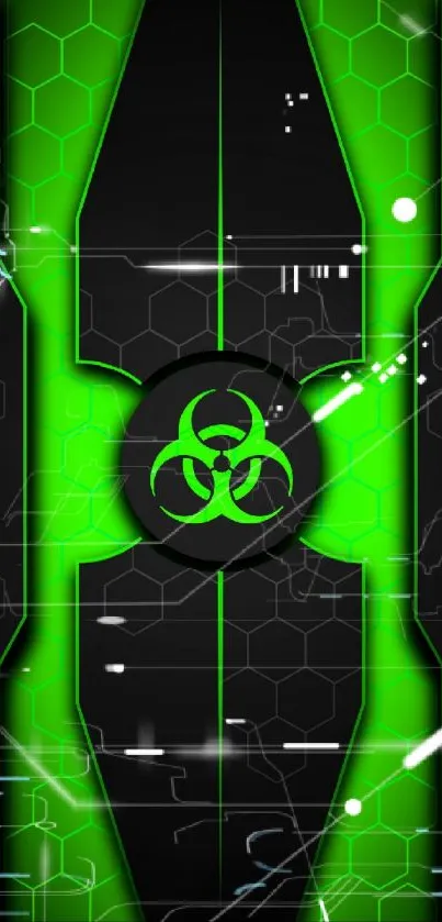 Neon green biohazard tech wallpaper with hexagonal pattern.