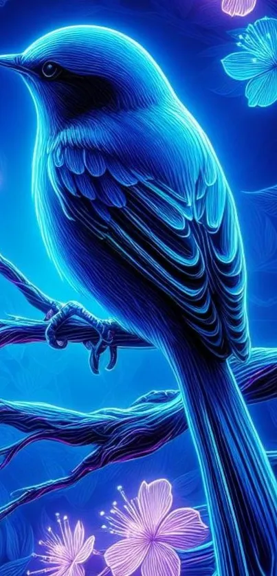 Neon blue bird perched on a branch with glowing flowers.