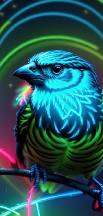 Neon bird art with vibrant blue and green colors on a dark background.