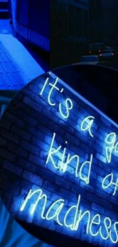 Neon blue aesthetic wallpaper with inspiring quote and urban backdrop.