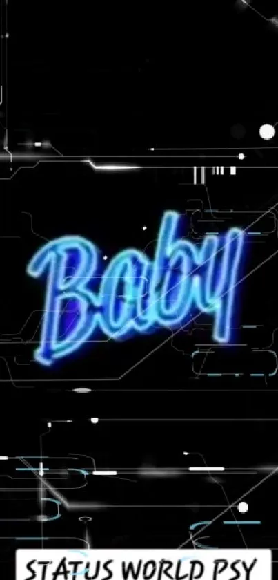 Neon blue 'Baby' text on black circuit background.