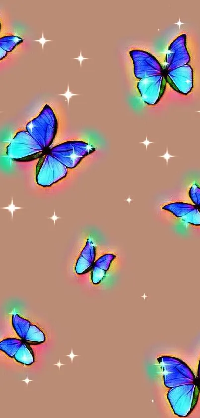 Neon blue butterflies on a tan background mobile wallpaper.