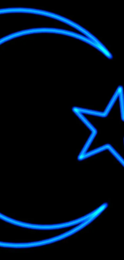 Neon blue crescent and star on black background wallpaper.