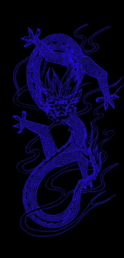 Neon blue dragon on black background mobile wallpaper.