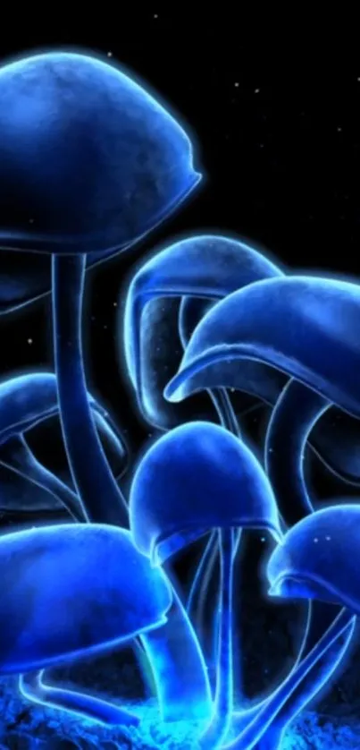 Neon blue mushrooms glowing against a cosmic dark background.