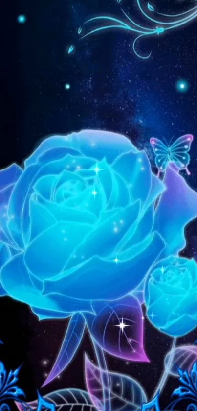 Neon blue rose with butterfly on cosmic background.