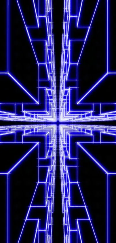 Vibrant neon blue geometric lines on a black background.