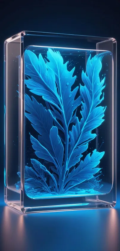 Futuristic neon blue leaf in glass box.