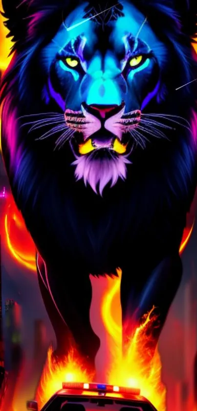 Neon blue lion artwork with fiery urban background.
